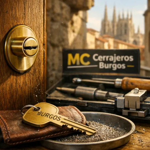 Primer plano de un cilindro de cerradura nuevo en una puerta de roble, con la pregunta: "Cuales son los mejores servicios de cerrajeria disponibles en Burgos".