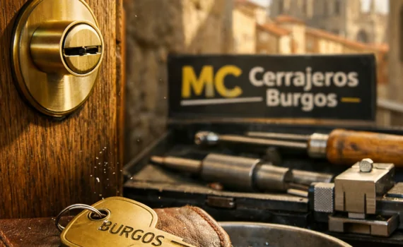 Primer plano de un cilindro de cerradura nuevo en una puerta de roble, con la pregunta: "Cuales son los mejores servicios de cerrajeria disponibles en Burgos".
