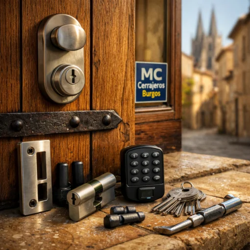 Puerta de roble en calle de piedra de Burgos, con cerrajería y herramientas; opciones de cerrajería recomendadas para seguridad.