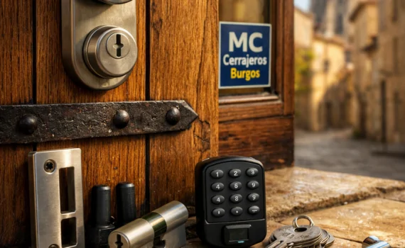 Puerta de roble en calle de piedra de Burgos, con cerrajería y herramientas; opciones de cerrajería recomendadas para seguridad.