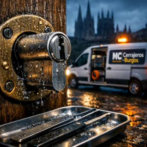 Cilindro de cerradura extraído en puerta de roble, herramientas de cerrajero y furgón en Burgos. Donde puedo contratar un cambio de cerraduras en Burgos de manera rápida.