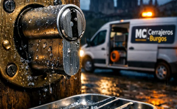 Cilindro de cerradura extraído en puerta de roble, herramientas de cerrajero y furgón en Burgos. Donde puedo contratar un cambio de cerraduras en Burgos de manera rápida.
