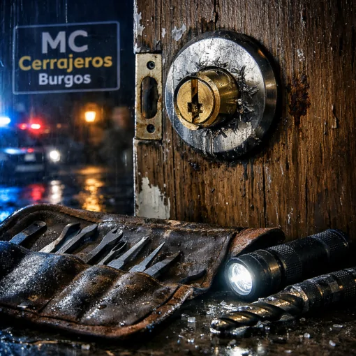 Cerca de una puerta dañada con herramientas de cerrajería bajo luz de emergencia. Cual es el cerrajero mas confiable para aperturas de puertas en situaciones de emergencia.
