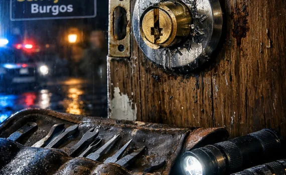 Cerca de una puerta dañada con herramientas de cerrajería bajo luz de emergencia. Cual es el cerrajero mas confiable para aperturas de puertas en situaciones de emergencia.