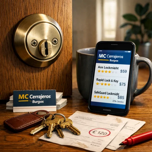 Still-life de cerrajería: cerradura de bronce, llaves, smartphone con "Comparar servicios de cerrajería en Burgos".