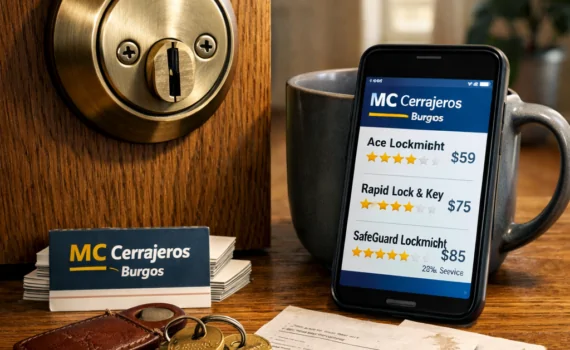 Still-life de cerrajería: cerradura de bronce, llaves, smartphone con "Comparar servicios de cerrajería en Burgos".