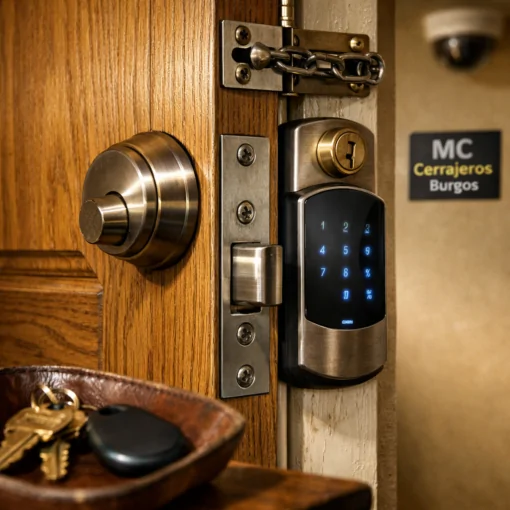 Estudio de una puerta de entrada con cerraduras seguras; luz suave resalta texturas y hardware, reflejando seguridad. Cuales son las opciones mas seguras de cerraduras para el hogar.