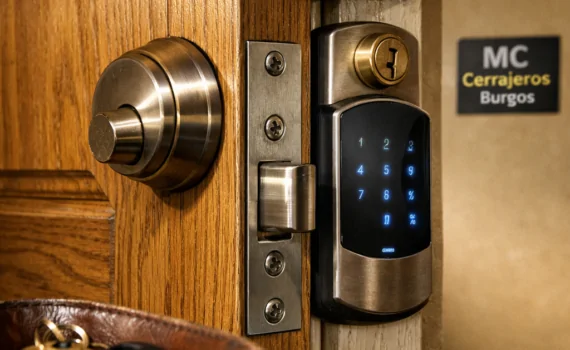 Estudio de una puerta de entrada con cerraduras seguras; luz suave resalta texturas y hardware, reflejando seguridad. Cuales son las opciones mas seguras de cerraduras para el hogar.