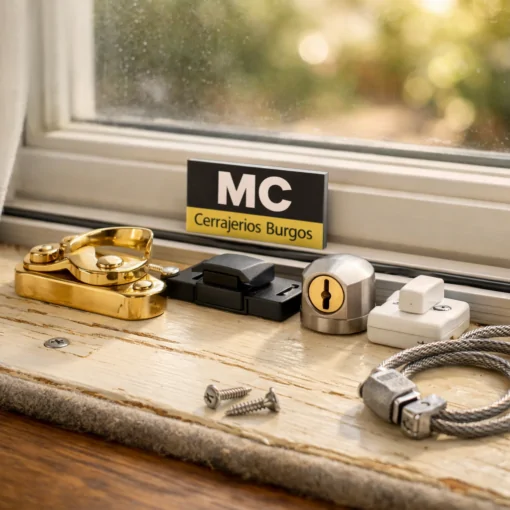 Selección de cerraduras recomendadas para ventanas en un alféizar iluminado, con detalles de metal y un jardín desenfocado.