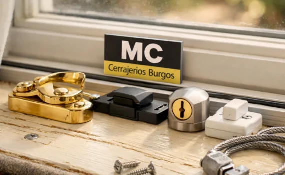 Selección de cerraduras recomendadas para ventanas en un alféizar iluminado, con detalles de metal y un jardín desenfocado.