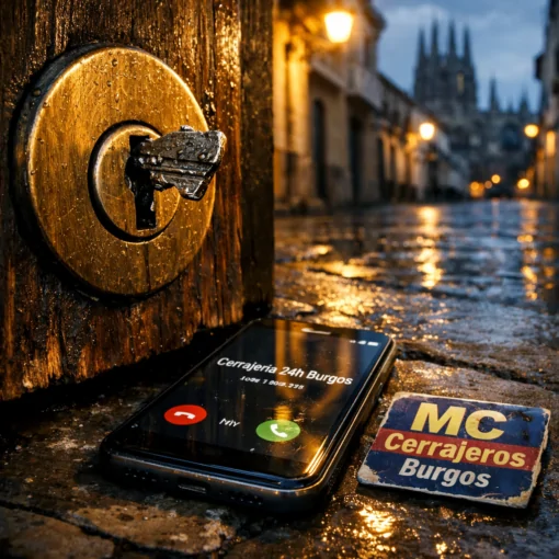 Cerca de una puerta desgastada en Burgos, un teléfono muestra "Como contacto con un servicio de cerrajería para emergencia en Burgos".