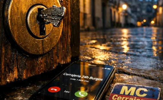 Cerca de una puerta desgastada en Burgos, un teléfono muestra "Como contacto con un servicio de cerrajería para emergencia en Burgos".