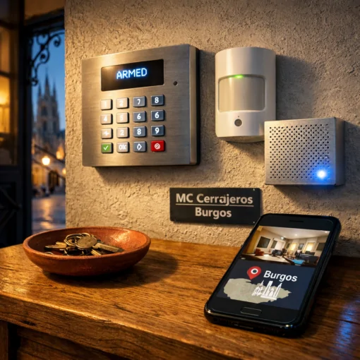 Entrada moderna en Burgos al atardecer, mostrando sistemas de seguridad del hogar: consola, smartphone y dispositivos LED.