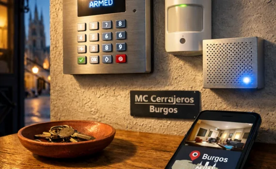 Entrada moderna en Burgos al atardecer, mostrando sistemas de seguridad del hogar: consola, smartphone y dispositivos LED.