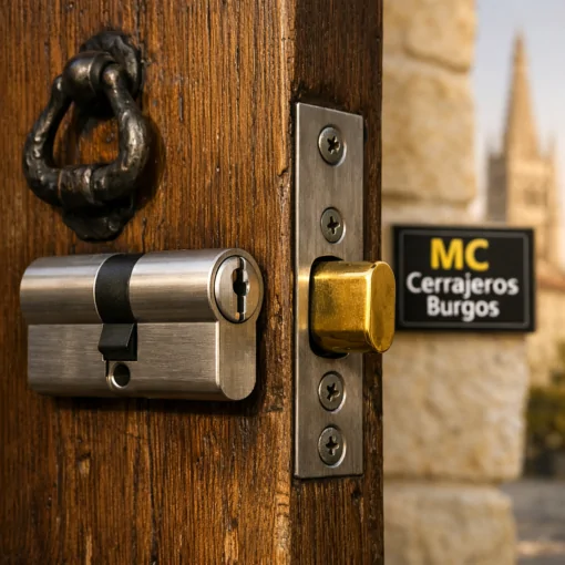 Cierre de alta seguridad en puerta de roble, mostrando detalles metálicos y textura, ideal para casas en Burgos.