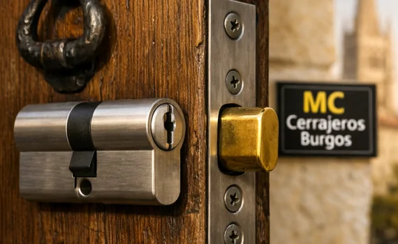 Cierre de alta seguridad en puerta de roble, mostrando detalles metálicos y textura, ideal para casas en Burgos.