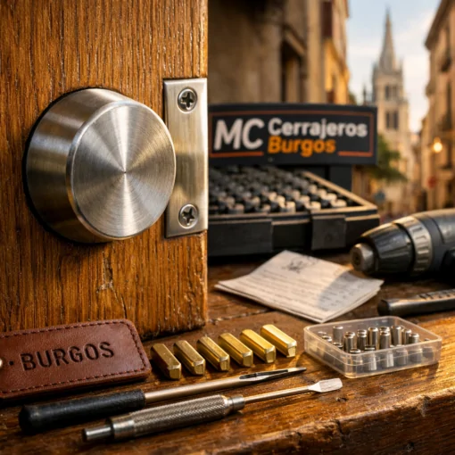Primer plano de un hardware de acero cepillado en una puerta de roble, con herramientas y un paisaje de Burgos al fondo. Cuales son los proveedores de servicios de cerrajeria más confiables en Burgos.
