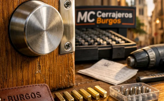 Primer plano de un hardware de acero cepillado en una puerta de roble, con herramientas y un paisaje de Burgos al fondo. Cuales son los proveedores de servicios de cerrajeria más confiables en Burgos.