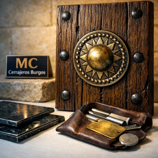Puerta de roble tallada en Burgos con herramientas en el umbral; busca "Donde puedo contratar un servicio urgente para apertura de puertas en Burgos".