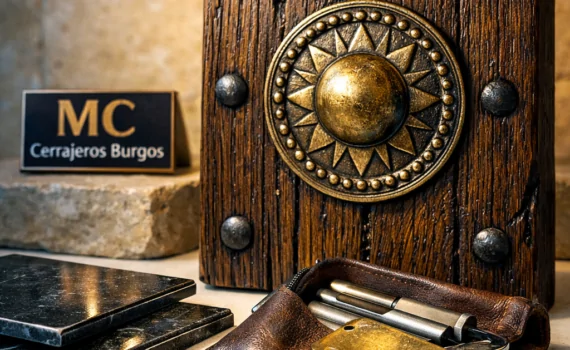 Puerta de roble tallada en Burgos con herramientas en el umbral; busca "Donde puedo contratar un servicio urgente para apertura de puertas en Burgos".