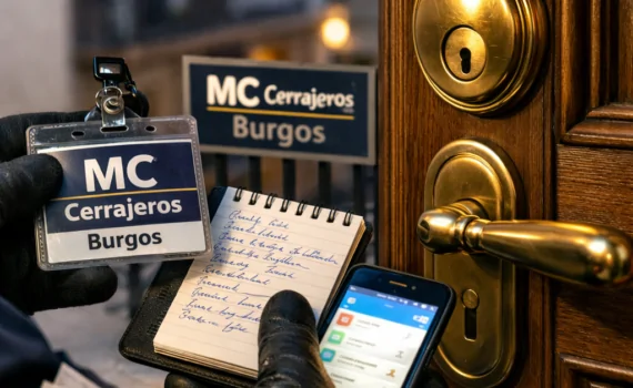 Manos con DNI, libreta y móvil junto a puerta de Burgos, con herraje de latón.
