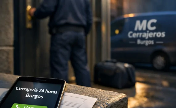 Técnico ante puerta en Burgos; móvil muestra “Cerrajería 24 horas Burgos”. Encuentra servicios de cerrajeria disponibles 24 horas en Burgos para aperturas de puertas