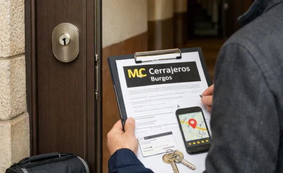 Cerrajero y propietario revisan documentos junto a una puerta de seguridad instalada en Burgos. Donde puedo encontrar servicios de cambio de cerraduras en Burgos con garantia