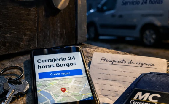 Teléfono muestra cerrajería 24 horas en Burgos junto a llaves y herramientas; Donde puedo encontrar servicios de cerrajeria 24 horas en Burgos