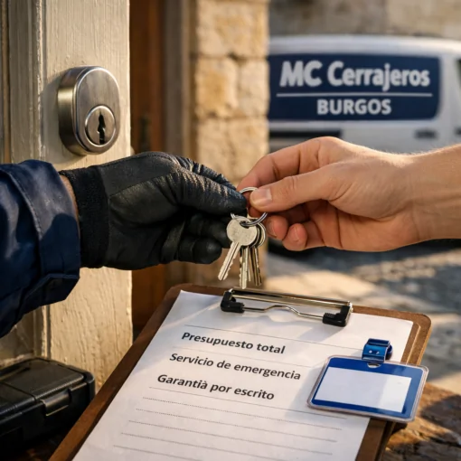 Cerrajero entrega llaves nuevas junto a presupuesto y garantu00eda; Encuentra cerrajeros en Burgos con servicio de emergencia y garantia