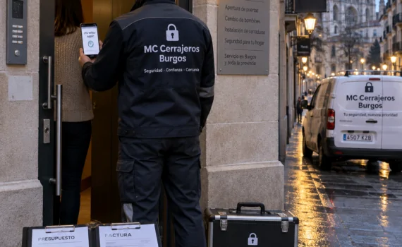 Cerrajero en Burgos muestra confirmaciu00f3n de llegada; presupuesto e instalaciu00f3n visible, reflejando confianza en aperturas de emergencia.