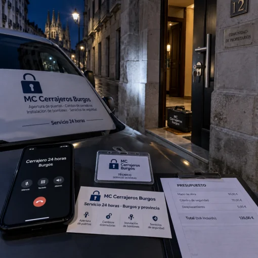 Van de cerrajero en Burgos junto a una entrada; mu00f3vil con u201cQue cerrajeros en Burgos realizan servicios 24 horasu201d, credencial y presupuesto.