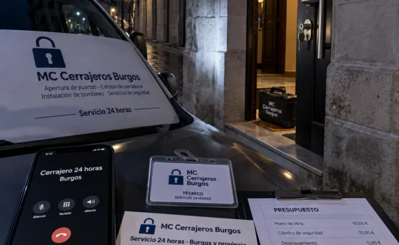 Van de cerrajero en Burgos junto a una entrada; mu00f3vil con u201cQue cerrajeros en Burgos realizan servicios 24 horasu201d, credencial y presupuesto.