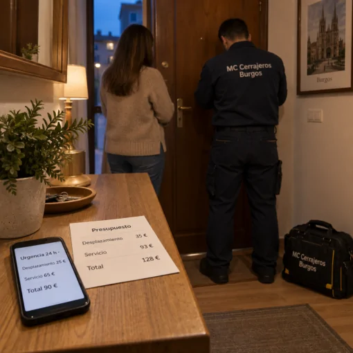 Presupuestos de cerrajeru00eda junto a dos personas en una entrada de Burgos; Cual es el cerrajero mas economico en Burgos para servicios de emergencia