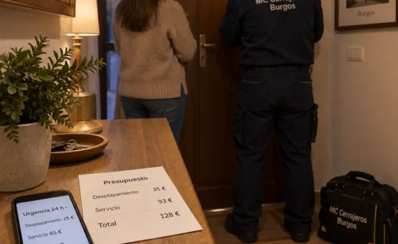 Presupuestos de cerrajeru00eda junto a dos personas en una entrada de Burgos; Cual es el cerrajero mas economico en Burgos para servicios de emergencia