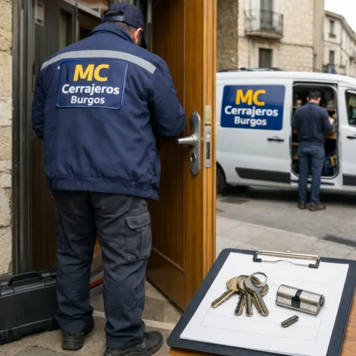 Cerrajero de emergencia en Burgos junto a una puerta reparada; cliente y documentos visibles. Que servicios ofrecen los cerrajeros de emergencia en Burgos