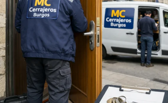 Cerrajero de emergencia en Burgos junto a una puerta reparada; cliente y documentos visibles. Que servicios ofrecen los cerrajeros de emergencia en Burgos