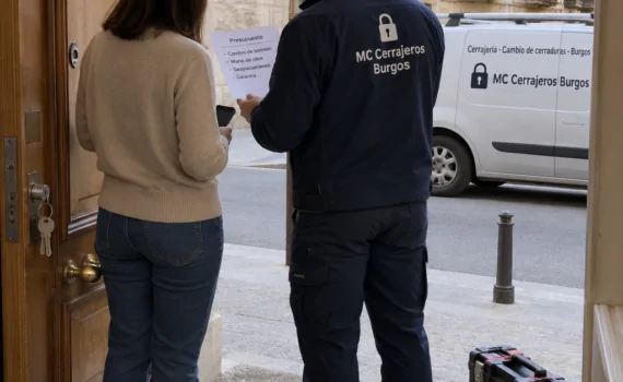 Cerrajero y propietario revisan un presupuesto junto a una puerta abierta en Burgos; Donde puedo encontrar cerrajeros en Burgos que ofrezcan cambio de cerraduras