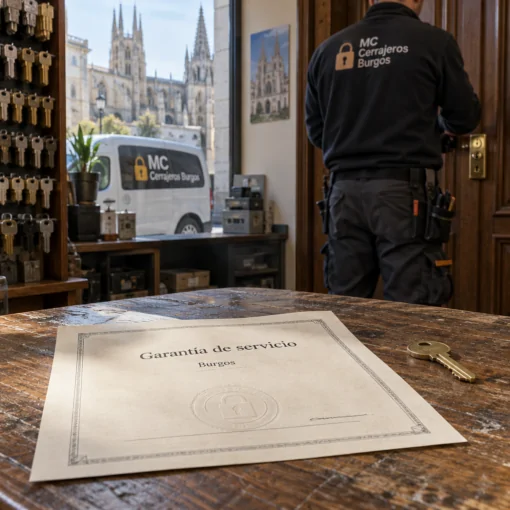 Garantu00eda de servicio en Burgos junto a una llave, con un cerrajero de espaldas y una puerta instalada; Donde conseguir servicios de cerrajeria con garantia en Burgos