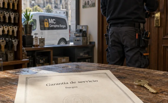 Garantu00eda de servicio en Burgos junto a una llave, con un cerrajero de espaldas y una puerta instalada; Donde conseguir servicios de cerrajeria con garantia en Burgos